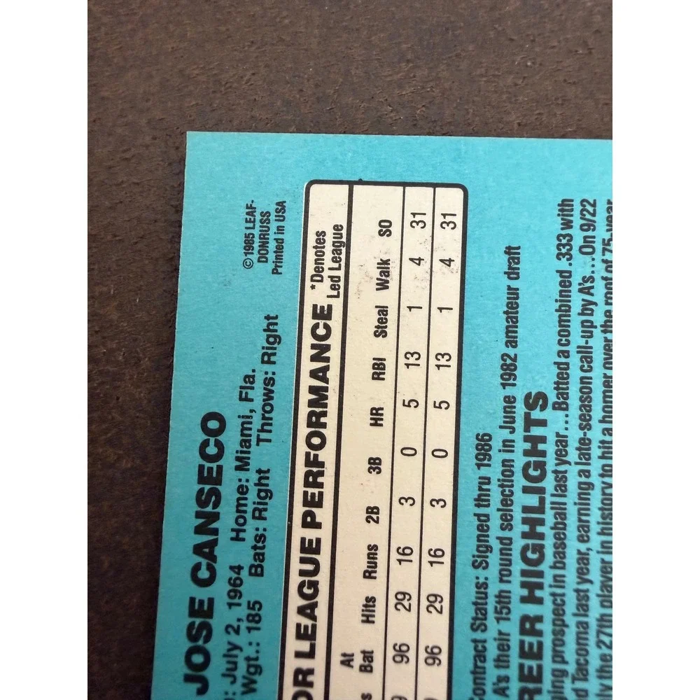 1986 Donruss Jose Canseco Rated Rookie Oakland Athletics Baseball Card 39